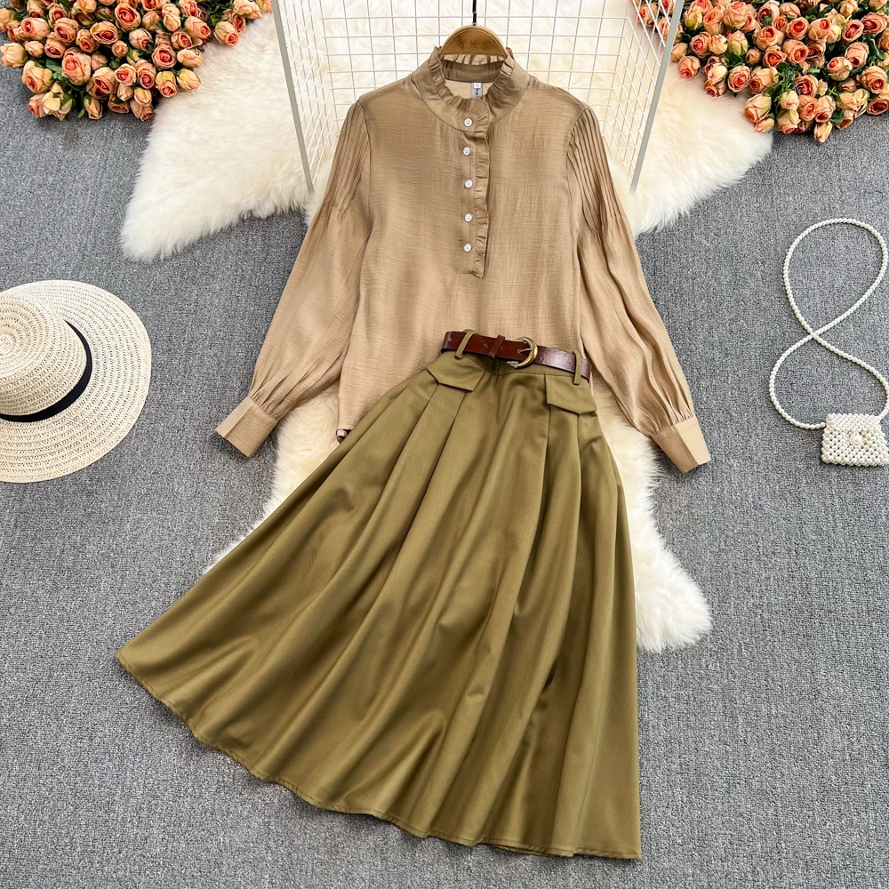 

Fashion Casual Women Long Sleeve Stand Collar Chiffon Blouse Shirt Top + Belted Waist Army Green Skirt One Set