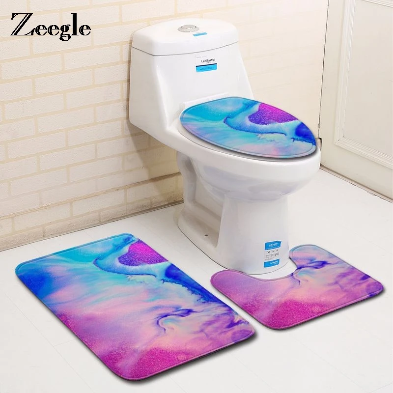 

Zeegle 3Pcs Bathroom Mat Set Toilet Rug Color Sand Anti Slip Bathroom Flannel Bath Mat Set Non-silp Bathroom Floor Rug