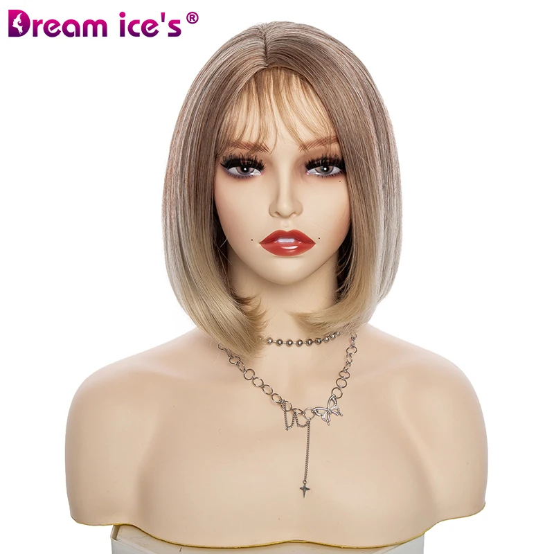 

Women Synthetic Bob Wigs with Bangs 12 Inch Short Straight Bob Hairstyle Blonde HighLights Hair Wig Heat Resistant Dreamice