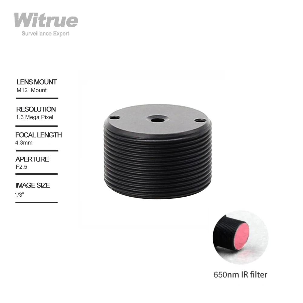 

Witrue mini Camera Lens 4.3mm 1.3 Megapixel 1/3" F2.5 M12 Mount with 650nm IR Filter for Video Door phone CCTV Security Cameras