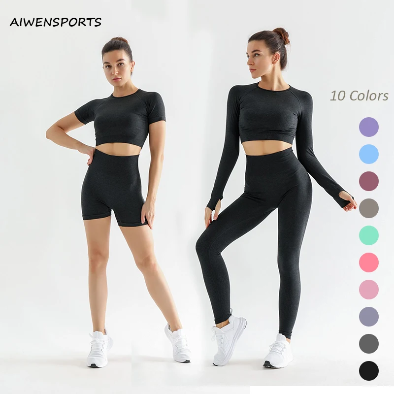 2/3PCS Women's Tracksuit Black Crop Top Long Sleeve Sports Suit Butt Lift Shorts Set Purple Tight 10 Colors Seamless Yoga Set
2/3PCS Women's Tracksuit Black Crop Top Long Sleeve Sports Suit Butt Lift Shorts Set Purple Tight 10 Colors Seamless Yoga Set