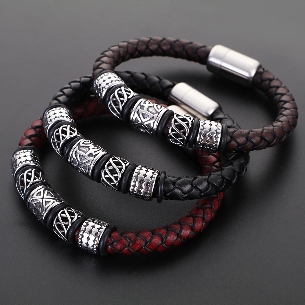 

HMSFELY Men Fashion Leather Bracelet Stainless Steel Viking Beads Charm Bracelets Bangles Jewelry For Men Magnet Clasp Bracelet