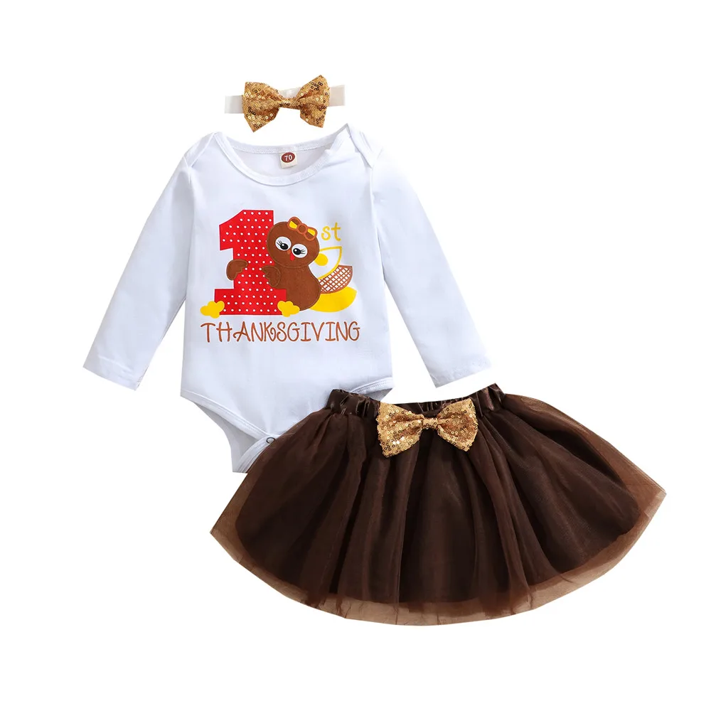

Комплект одежды для девочек на День Благодарения, турецкое боди, комбинезон, Тюлевая юбка-пачка, повязка на голову, 0-24 мес., праздничный кост...