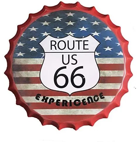 

Route US 66 Decorative Bottle Caps Metal Tin Signs Cafe Beer Bar Decoration Plat 13.8" Inches Wall Art Plaque Vintage Home Decor