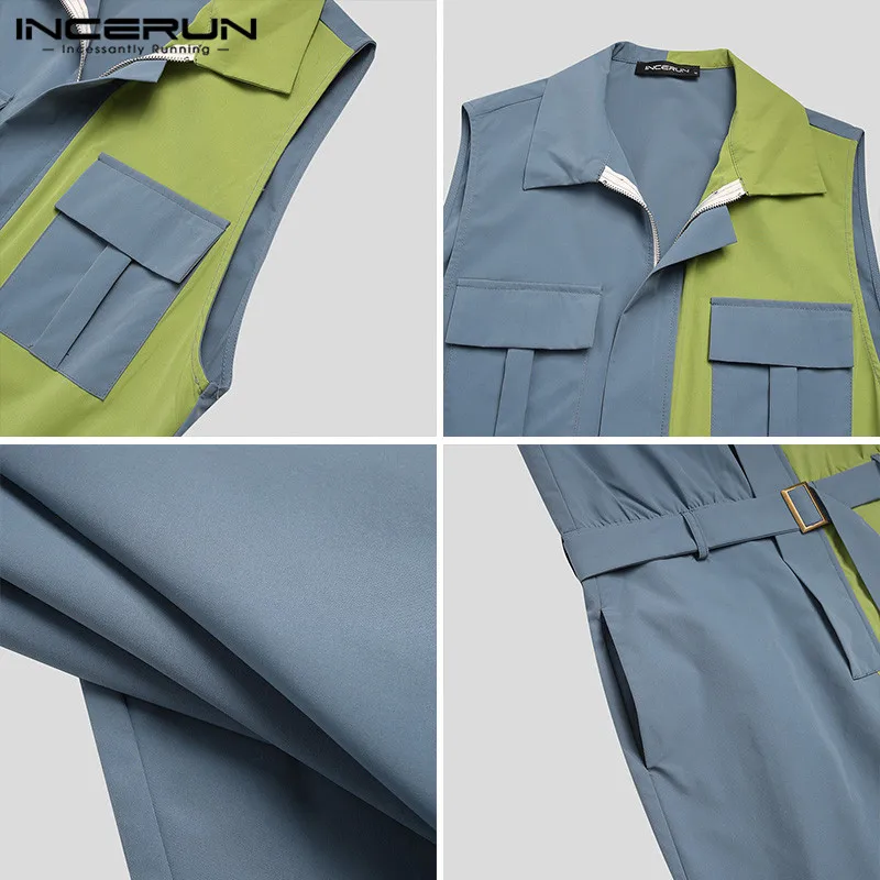 Casual Patchwork Zipper Rompers Men Sleeveless Jumpsuits Man Fashion Multi Pocket Cargo Overalls Male Causal Pants INCERUN S-5XL 
Casual Patchwork Zipper Rompers Men Sleeveless Jumpsuits Man Fashion Multi Pocket Cargo Overalls Male Causal Pants INCERUN S-5XL