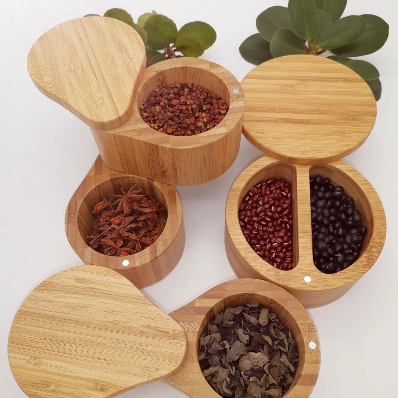 Seasoning Container Bamboo Condiment Box Creative Double Grid Round Spice Jar 
Seasoning Container Bamboo Condiment Box Creative Double Grid Round Spice Jar