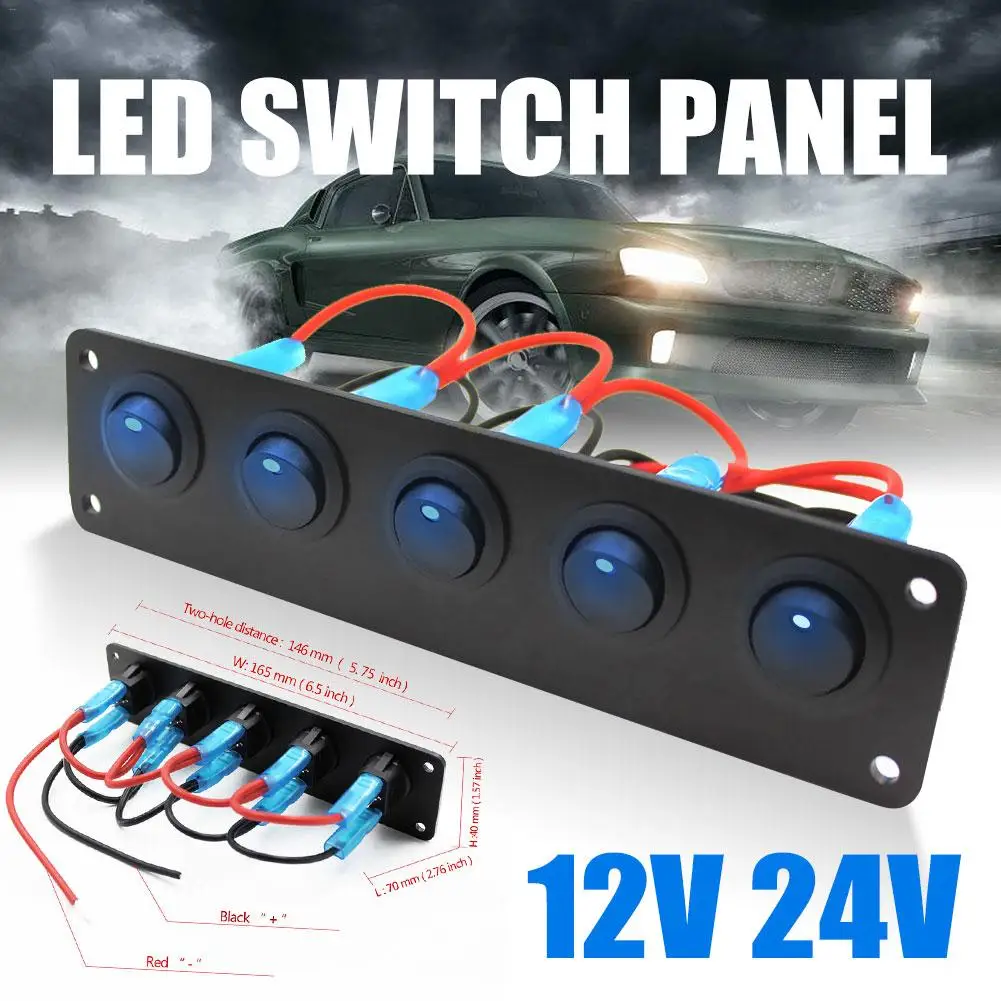 

5 Gang Rocker Switch Round Toggle Switch Waterproof Blue LED Switch Panel For Marine Yacht Fit For 12V-24V Cars, RV, Caravans