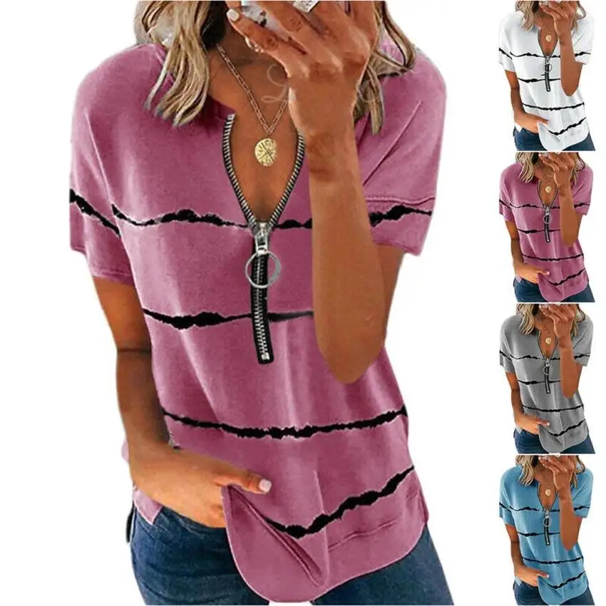 Zip Striped Women T-shirt Summer Casual Short Sleeve Basic Blouse Womens V-Neck Loose Soft Top
Zip Striped Women T-shirt Summer Casual Short Sleeve Basic Blouse Womens V-Neck Loose Soft Top