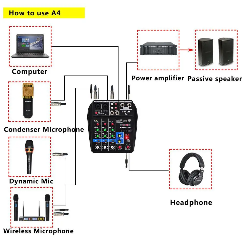 Аудиомикшер Bluetooth USB 4 канала усилитель звука миниатюрный аудиомикшер для