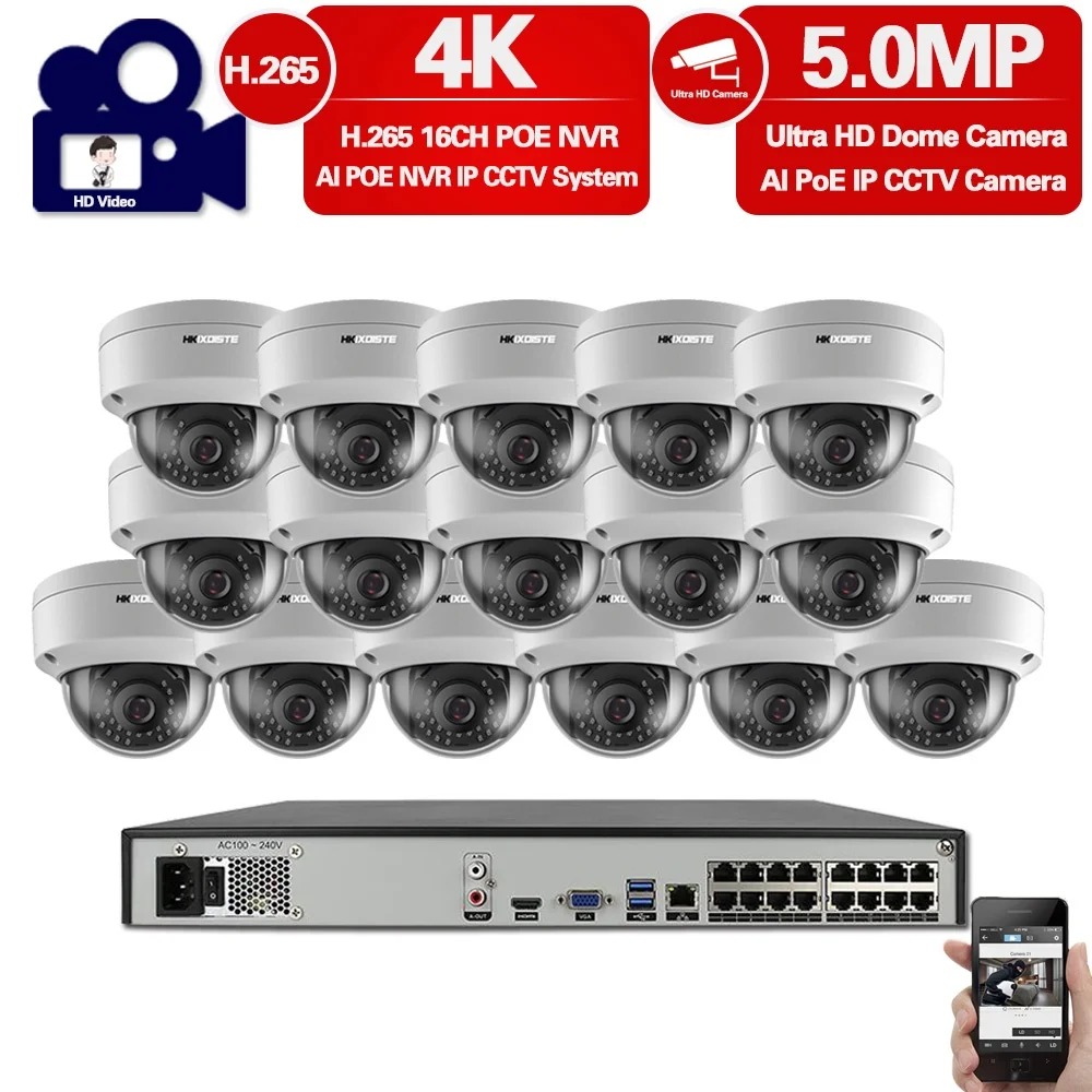

H.265 16CH 5MP CCTV POE Dome Camera Set 16CH 4K NVR Kit Outdoor Waterproof IP Security Surveillance Camera System Kit 8CH XMEYE