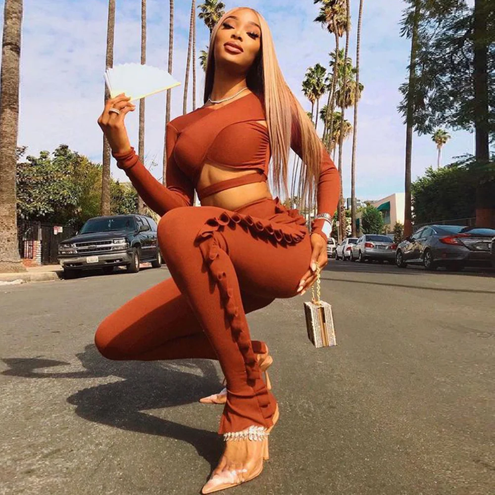 Hollow Out Two Piece Set Women Cross Wrap Chest Skinny Set Ladies Long Sleeve Top Ruffle Pant Set Autumn Bodycon Tracksuits Set
Hollow Out Two Piece Set Women Cross Wrap Chest Skinny Set Ladies Long Sleeve Top Ruffle Pant Set Autumn Bodycon Tracksuits Set