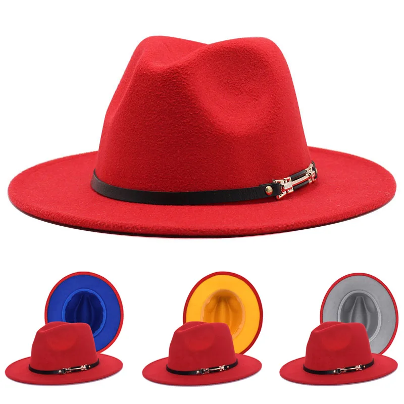 

Красная фетровая шляпа, женские и мужские фетровые шляпы из искусственной шерсти, теплые черные фетровые шляпы с поясом, джазовая шляпа, жен...