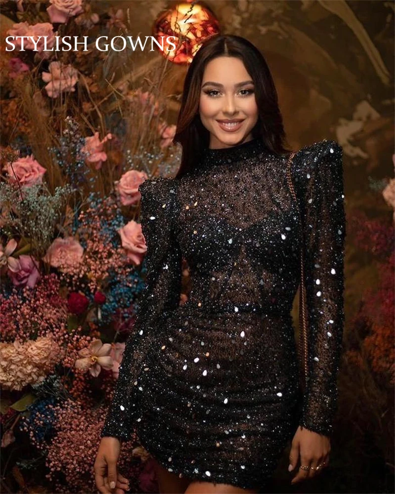 Black High Neck Short Prom Dresses Beaded Sequined Birthday Party Gowns With Long Sleeve See Through Mini Cocktail Homecoming
Black High Neck Short Prom Dresses Beaded Sequined Birthday Party Gowns With Long Sleeve See Through Mini Cocktail Homecoming