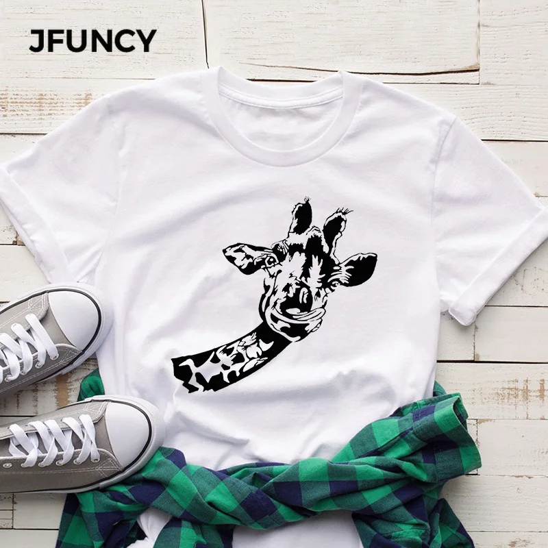 Футболка JFUNCY женская с забавным рисунком жирафа из хлопка оверсайз коротким