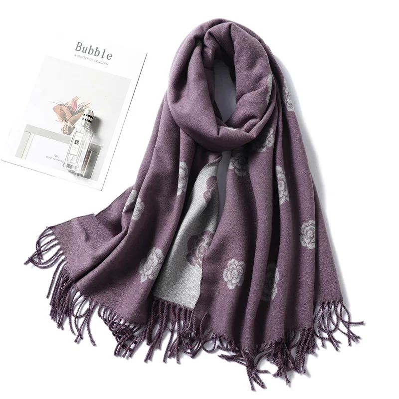 

Двустороннее кашемировые шарфы для женщин 2021 новый бренд "гусиные лапки" Зимний шарф платки и обертывания с цветочным рисунком, кисточками ...