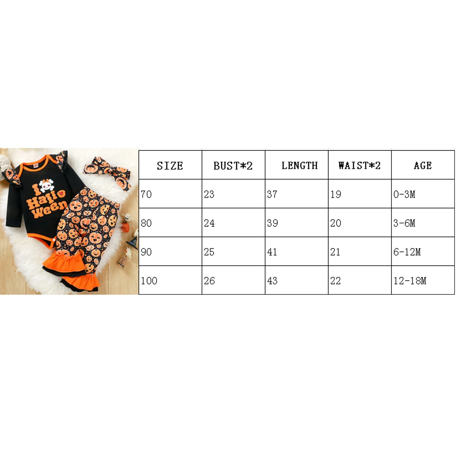 0-18 Months 3Pcs Baby Halloween Outfits Long Sleeves Romper + Pumpkin Flare Trousers + Headband for Toddler Girls
0-18 Months 3Pcs Baby Halloween Outfits Long Sleeves Romper + Pumpkin Flare Trousers + Headband for Toddler Girls