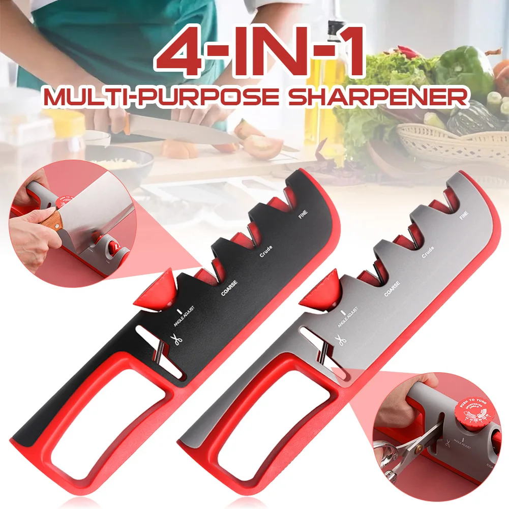4-in-1 Multipurpose Kitchen Knife Sharpener Adjustable Angle Tungsten Steel Diamond Coated Sharpening System
4-in-1 Multipurpose Kitchen Knife Sharpener Adjustable Angle Tungsten Steel Diamond Coated Sharpening System