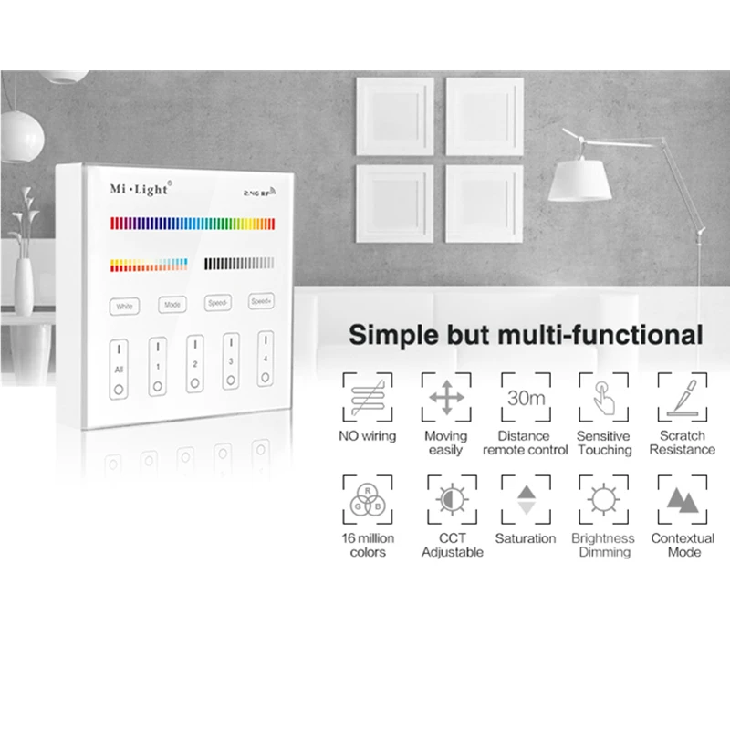 Miboxer B4 4-Zone RGBW RGB RGBW+CCT Smart Panel Remote Controller for LED Strip Lights Lamp Bulb LED Tape Ribbon 2.4GHz Wireless
Miboxer B4 4-Zone RGBW RGB RGBW+CCT Smart Panel Remote Controller for LED Strip Lights Lamp Bulb LED Tape Ribbon 2.4GHz Wireless