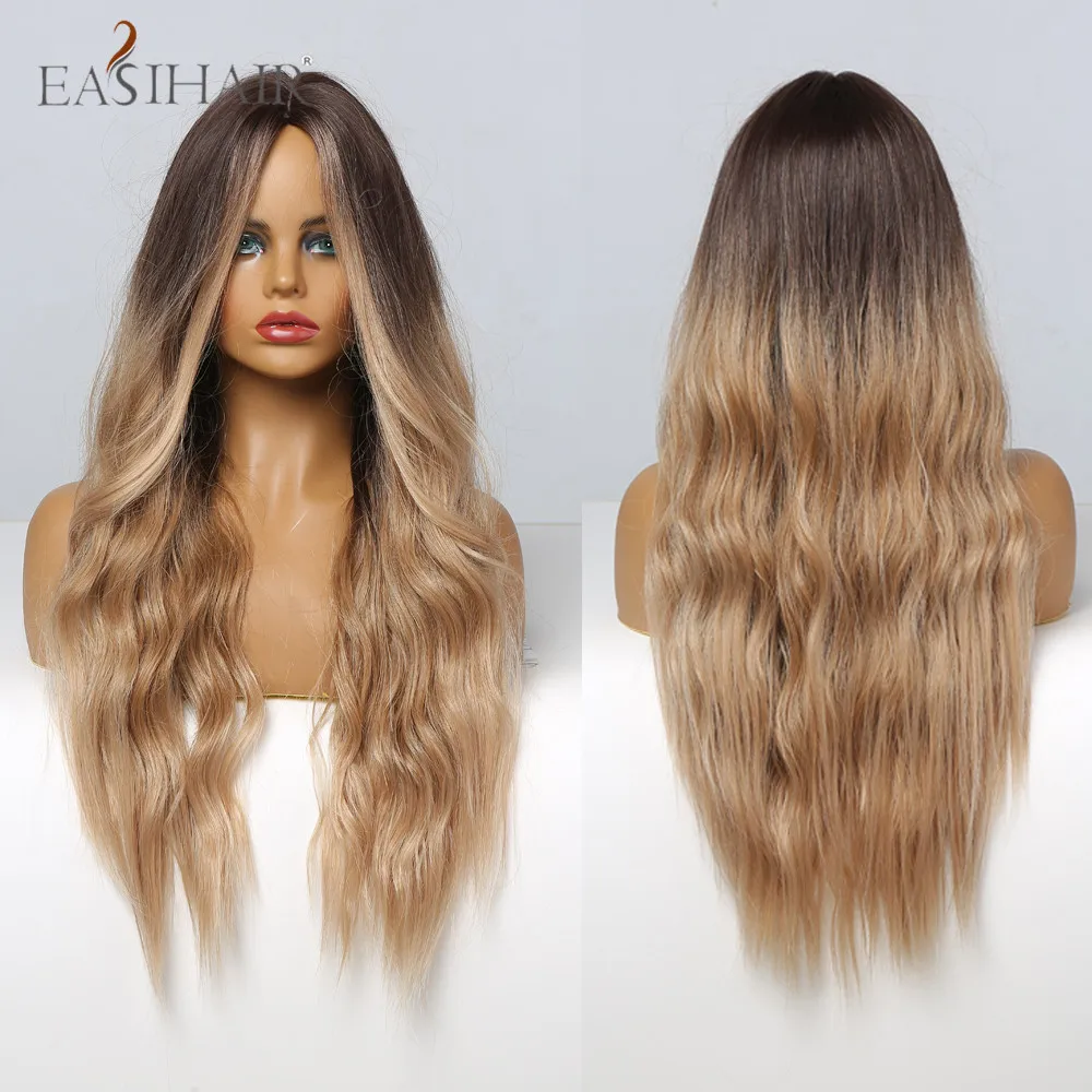 

EASIHAIR Long Synthetic Wavy Wigs for Women Ombre Dark Brown Blonde Curly Hair Wig Middle Parting Heat Resistant Daily Party