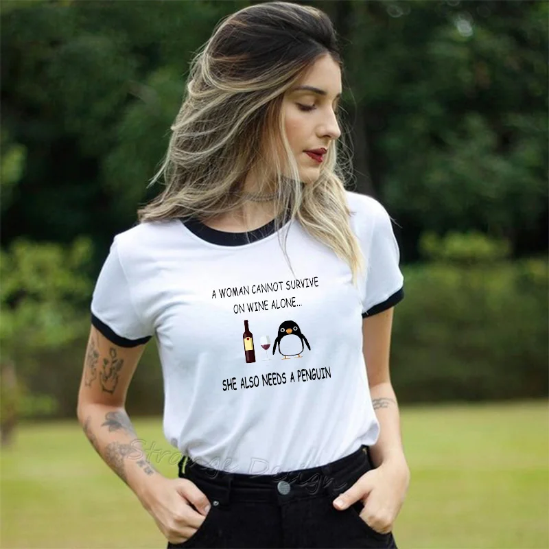 Funny Harajuku Women Tshirt A Woman Cannot Survive On Wine Alone She Also Needs A Penguin Female T-shirts Printed Tee Shirt 
Funny Harajuku Women Tshirt A Woman Cannot Survive On Wine Alone She Also Needs A Penguin Female T-shirts Printed Tee Shirt
