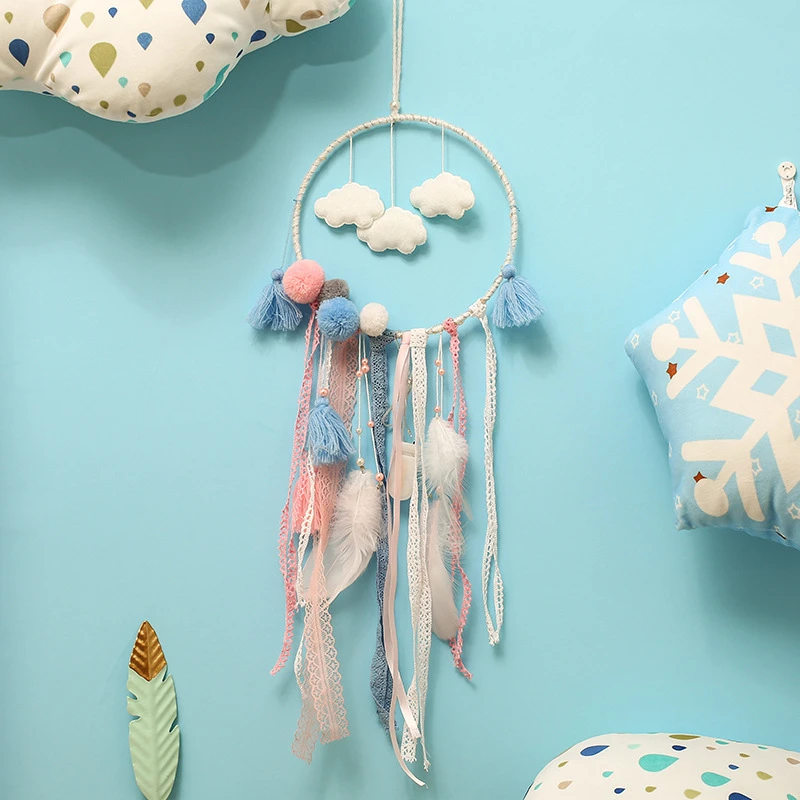 

INS Handmade Cloud Feathers Dream Catcher Wind Chime Lace Tassel Pompons Embellished Hanging Pendant for Home Decor or As Gift