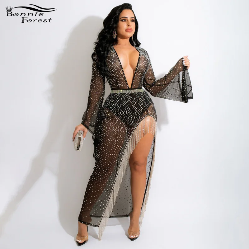 Bonnie Forest Sparkle Black Sheer Rhinestones Fringe Slit Bodysuit Dress New Glam See-Through Party Dresses Celebrities Outfits
Bonnie Forest Sparkle Black Sheer Rhinestones Fringe Slit Bodysuit Dress New Glam See-Through Party Dresses Celebrities Outfits