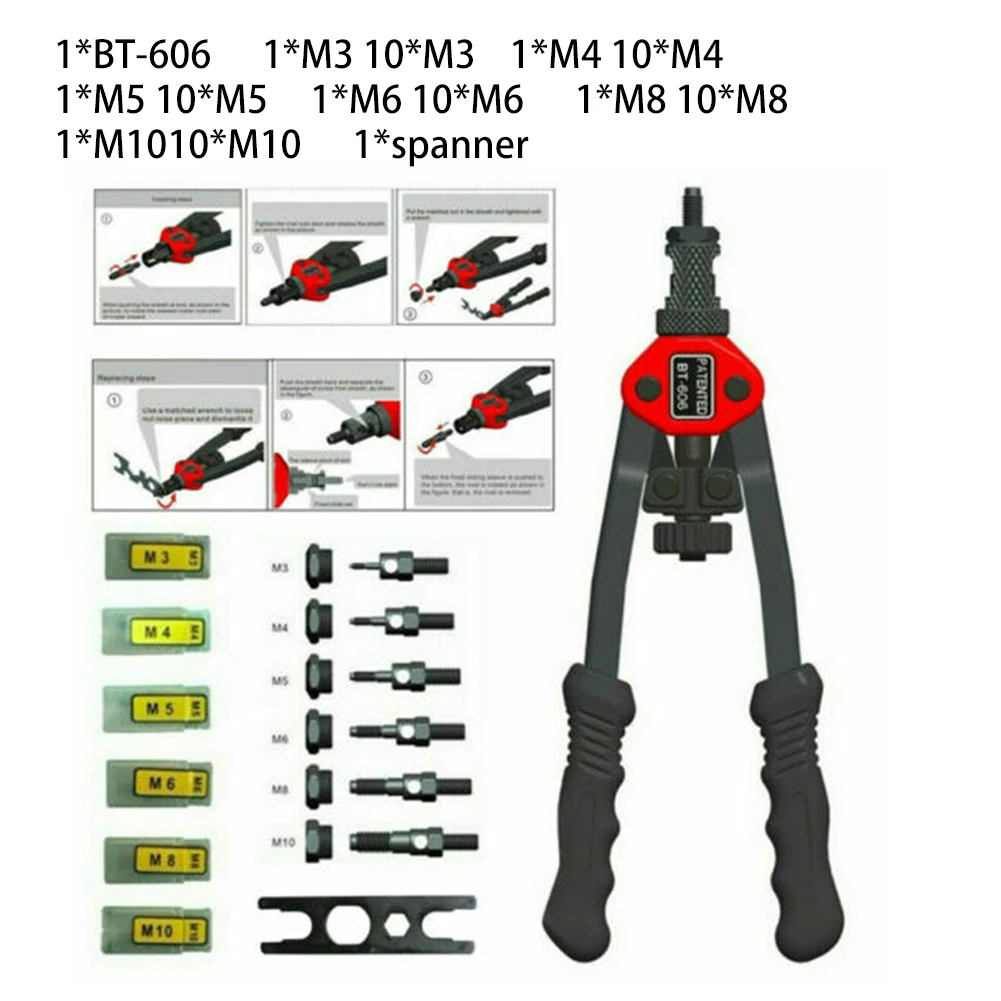 BT-606 Hand Rivet Tool Rivet Nut Setting Tools Mandrel Set M3-M10 Manual Riveter For Sheet Metal Processing Automobiles Elevator
BT-606 Hand Rivet Tool Rivet Nut Setting Tools Mandrel Set M3-M10 Manual Riveter For Sheet Metal Processing Automobiles Elevator