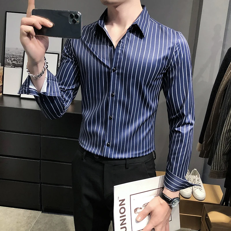 2021 Spring Men's Striped Shirt Long Sleeve Slim Fit Streetwear Casual Shirts Business Dress Social Party Blouse Chemise Homme
2021 Spring Men's Striped Shirt Long Sleeve Slim Fit Streetwear Casual Shirts Business Dress Social Party Blouse Chemise Homme