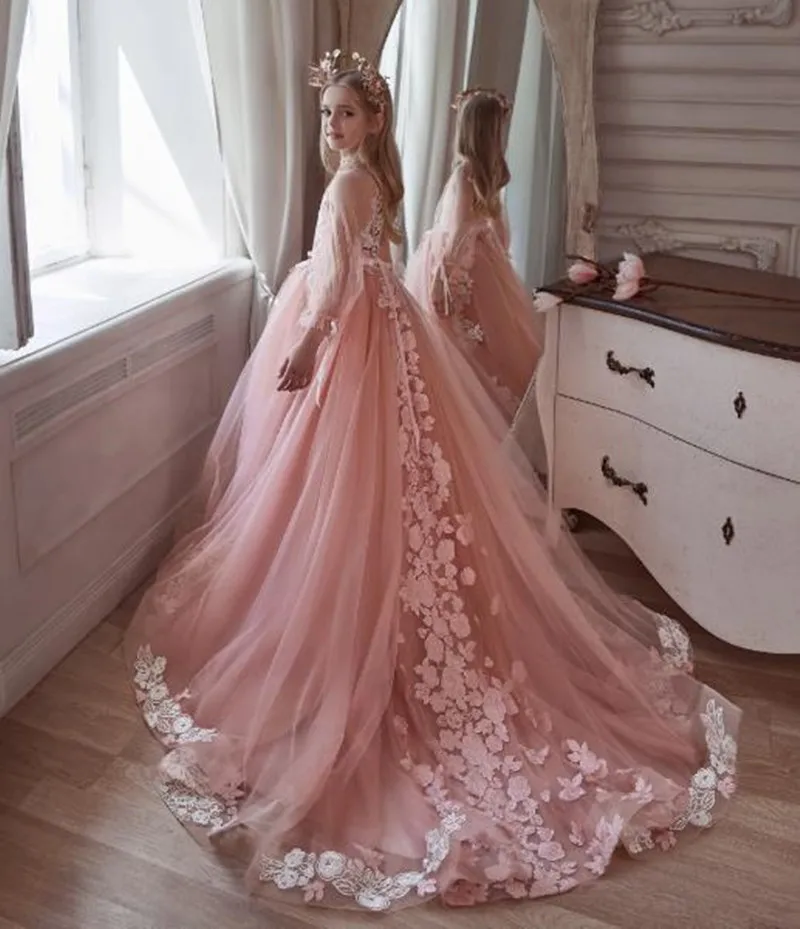 

Роскошное розовое Цветочное платье для девочки, кружевное платье принцессы с аппликацией и длинными рукавами, ТРАПЕЦИЕВИДНОЕ пышное плать...