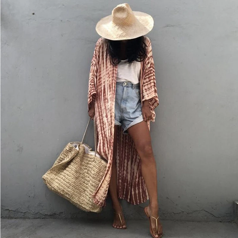 

Cotton Chic Belted Kimono Women's Summer Holiday Cardigans Casual Tie Dye Batik Long Flowy CoverUps Boho Vacation Duster Coats