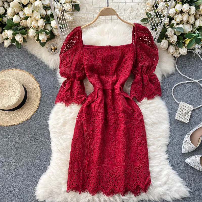 2021 Summer Korea New Fashion Women Lace Dress Slim Solid Color Square Collar Short Sleeve Empire Dress Vestidos De Mujer J223
2021 Summer Korea New Fashion Women Lace Dress Slim Solid Color Square Collar Short Sleeve Empire Dress Vestidos De Mujer J223