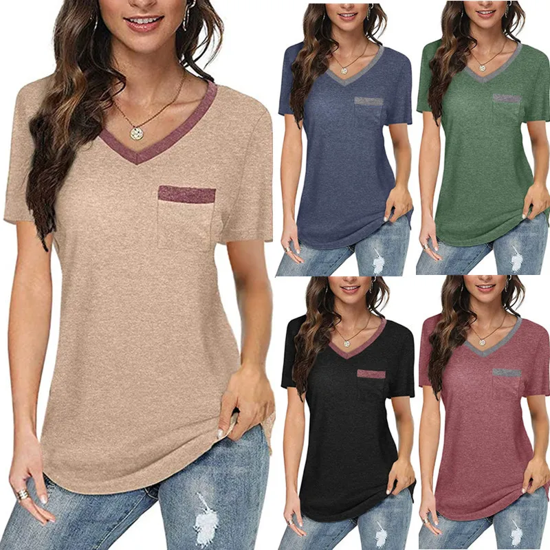 European and American style top tees women's 2021 new color matching V-neck tshirts pocket casual loose T-shirt for woman 
European and American style top tees women's 2021 new color matching V-neck tshirts pocket casual loose T-shirt for woman