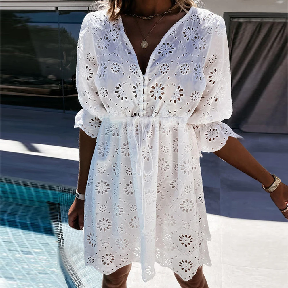 Summer Women's Hollow Out Mini Dress Solid Color Half Sleeve Short Dress Deep V-neck Elastic Waist Ladies Loose Beach Mini Dress 
Summer Women's Hollow Out Mini Dress Solid Color Half Sleeve Short Dress Deep V-neck Elastic Waist Ladies Loose Beach Mini Dress