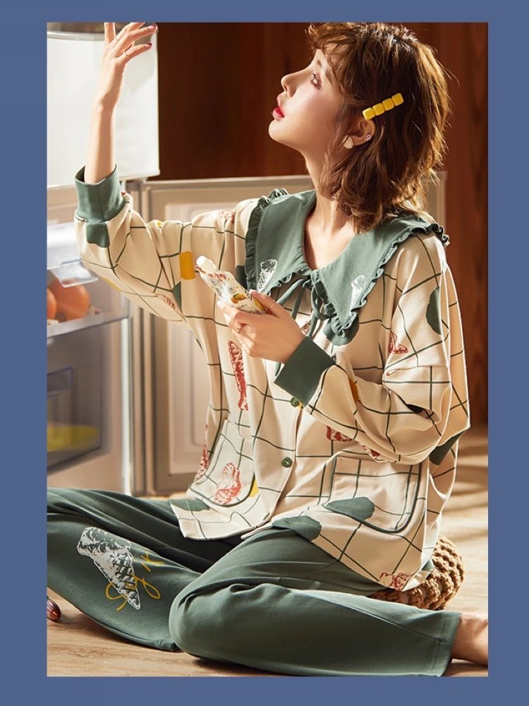 Spring and autumn spring long-sleeved green lace knitted cotton pajamas female doll collar cardigan home service
Spring and autumn spring long-sleeved green lace knitted cotton pajamas female doll collar cardigan home service