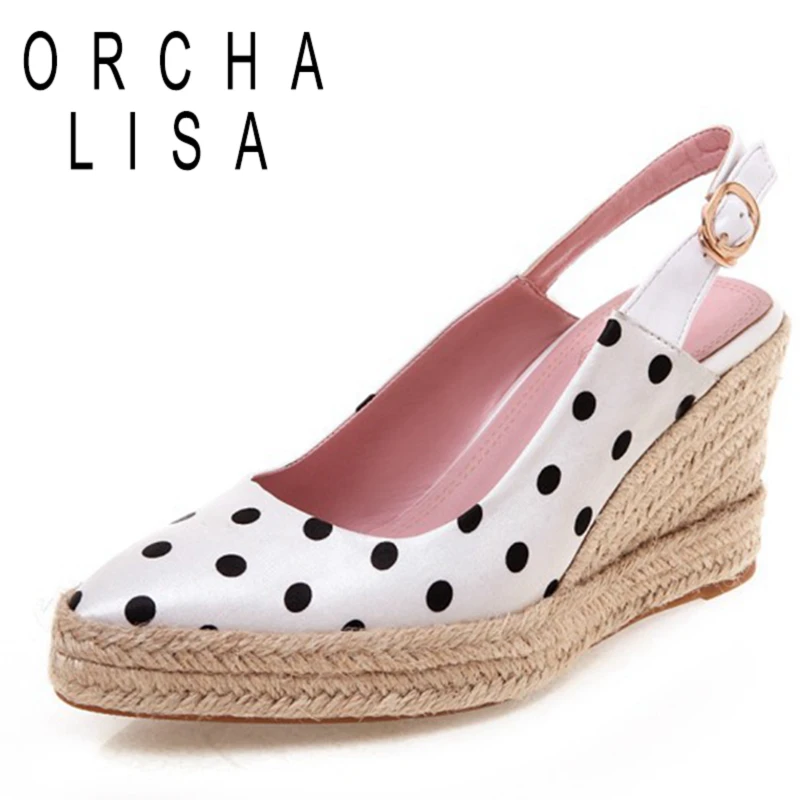 ORCHA LISA 2021 Spring Polka Dot Silk Sandals Slingbacks Buckle Strap Rattan Wedges Pointed Toe 8cm Size 32-44 Black White A4174 
ORCHA LISA 2021 Spring Polka Dot Silk Sandals Slingbacks Buckle Strap Rattan Wedges Pointed Toe 8cm Size 32-44 Black White A4174