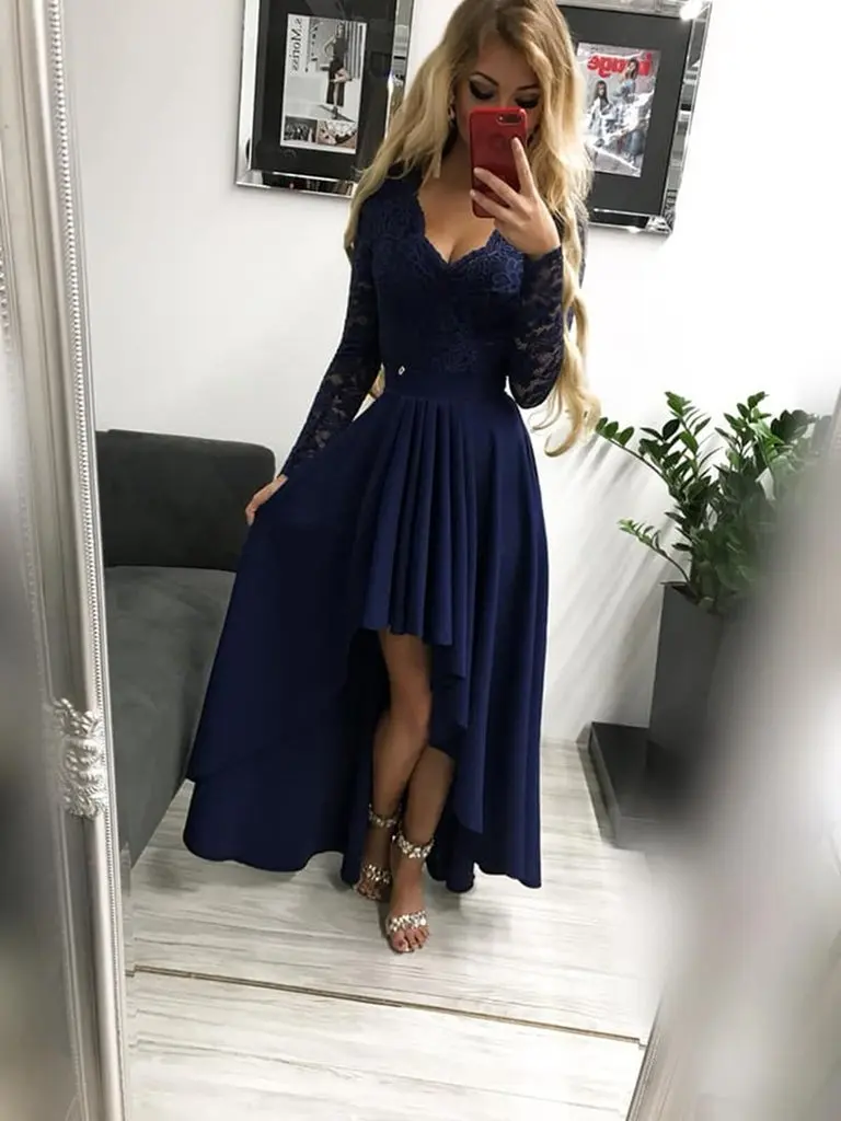 Charming Lace Tops Party Dresses Long Sleeve High/Low Design Homecoming Dress robe de soiree
Charming Lace Tops Party Dresses Long Sleeve High/Low Design Homecoming Dress robe de soiree