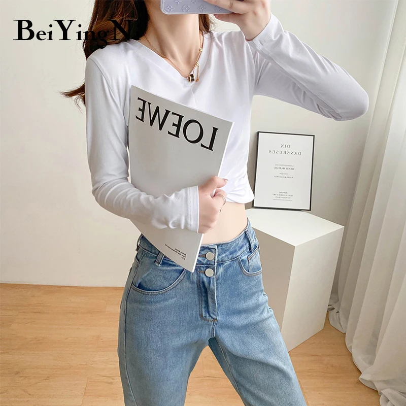 Beiyingni Women's T-shirts Sexy V-neck Casual Cropped Tops Female Solid Color Cotton Long Sleeve Autumn Tshirt Lady Vintage Tees
Beiyingni Women's T-shirts Sexy V-neck Casual Cropped Tops Female Solid Color Cotton Long Sleeve Autumn Tshirt Lady Vintage Tees
