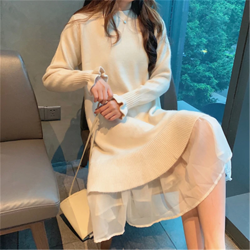 New Women's Sweater Dresses Patchwork Female Knit Sweater Dress Lace Loose Ladies Long Sweater Ruflles Elegant Pullover T757
New Women's Sweater Dresses Patchwork Female Knit Sweater Dress Lace Loose Ladies Long Sweater Ruflles Elegant Pullover T757