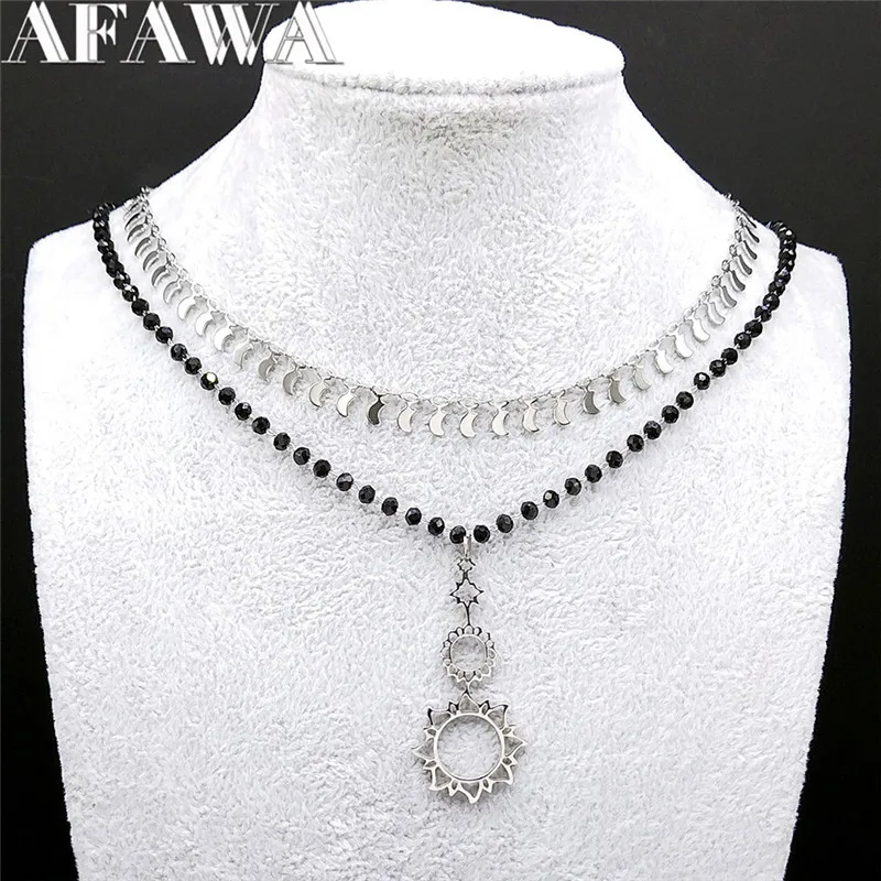Stainless Steel Black Crystal Bead Gothic Moon Sun Statement Necklace Silver Color Layer Necklace Jewelry collares N1122S02 
Stainless Steel Black Crystal Bead Gothic Moon Sun Statement Necklace Silver Color Layer Necklace Jewelry collares N1122S02