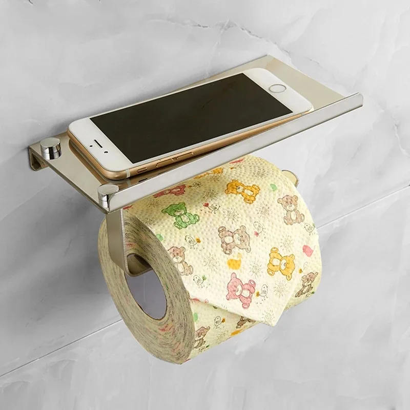 

Bathroom Wall-Mounted Stainless Steel Toilet Tissue Holder Convenient To Put Mobile Phones