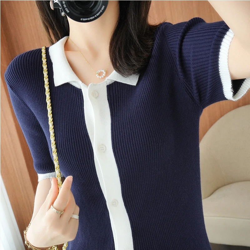 Ladies T-shirt 2021 summer new pure cotton knitted T-shirt casual lapel women's top stitching short-sleeved plus size tees hot
Ladies T-shirt 2021 summer new pure cotton knitted T-shirt casual lapel women's top stitching short-sleeved plus size tees hot