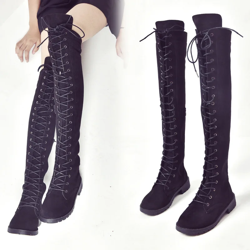 Sexy Lace Up Over Knee Boots Women Boots Flats Shoes Woman Square Heel Rubber Flock Boots Botas Winter Shoes Black Plus Size 43
Sexy Lace Up Over Knee Boots Women Boots Flats Shoes Woman Square Heel Rubber Flock Boots Botas Winter Shoes Black Plus Size 43