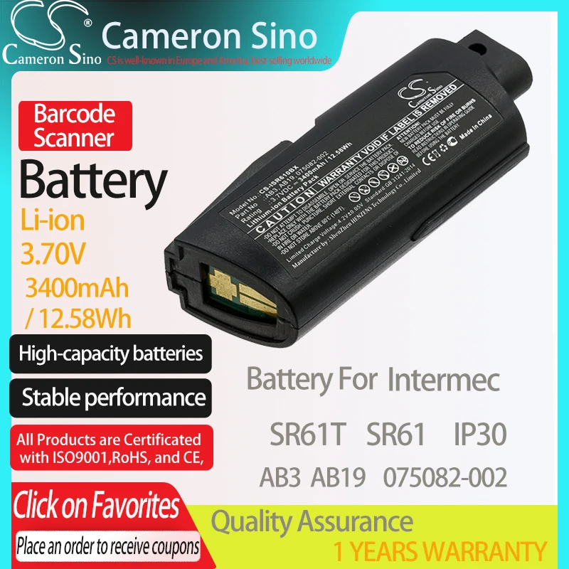 CameronSino Battery for Intermec SR61T SR61 IP30 fits Intermec 075082-002 AB19 AB3 Barcode Scanner battery 3400mAh/12.58Wh 3.70V
CameronSino Battery for Intermec SR61T SR61 IP30 fits Intermec 075082-002 AB19 AB3 Barcode Scanner battery 3400mAh/12.58Wh 3.70V