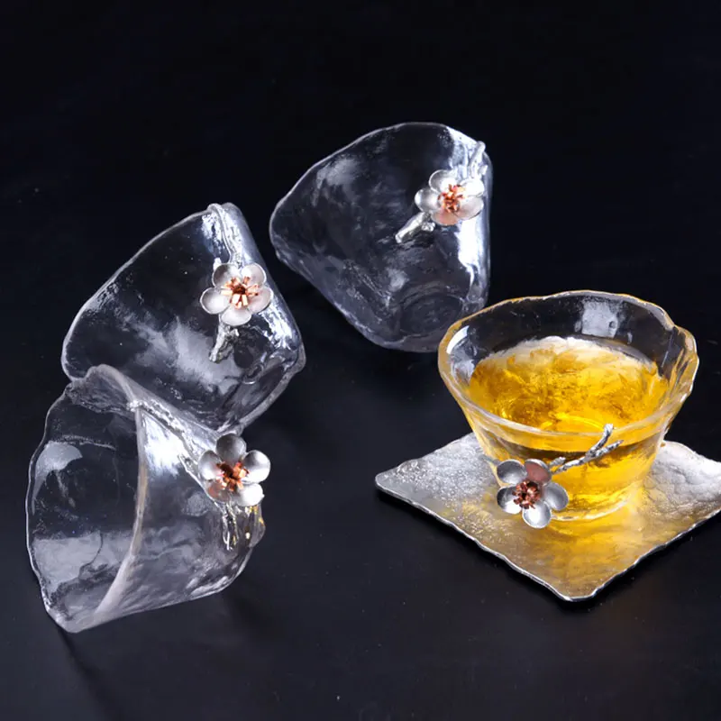 4 Pieces Glass Tea Cup Japanese-style Transparent Tea Cup Master Cup Inlaid with Tin Plum Teacup Small Single Cup Small Tea Bowl 
4 Pieces Glass Tea Cup Japanese-style Transparent Tea Cup Master Cup Inlaid with Tin Plum Teacup Small Single Cup Small Tea Bowl