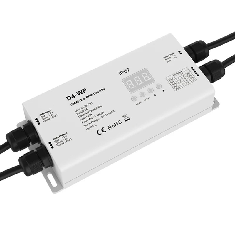Waterproof IP67 DMX512 RDM Decoder DC12V~36V 4CH*5A CV RDM DMX RGB/RGBW Decoder Controller D4-WP with Digital display
Waterproof IP67 DMX512 RDM Decoder DC12V~36V 4CH*5A CV RDM DMX RGB/RGBW Decoder Controller D4-WP with Digital display