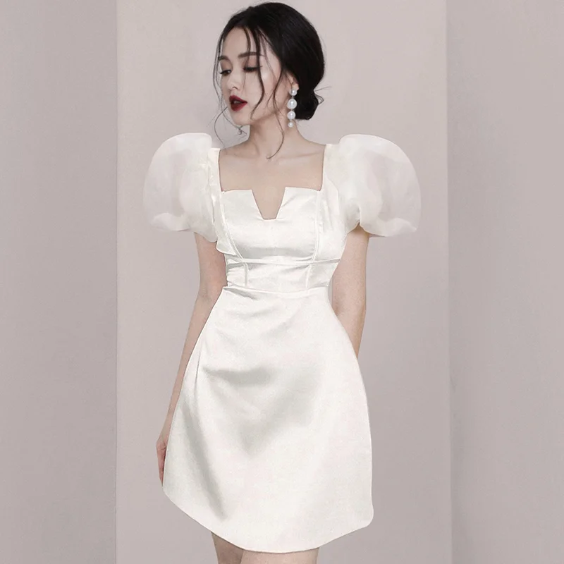 

Женское Сетчатое платье в стиле пэчворк, белое элегантное Сетчатое ТРАПЕЦИЕВИДНОЕ ПЛАТЬЕ с пышными рукавами и V-образным вырезом, вечерние 2022