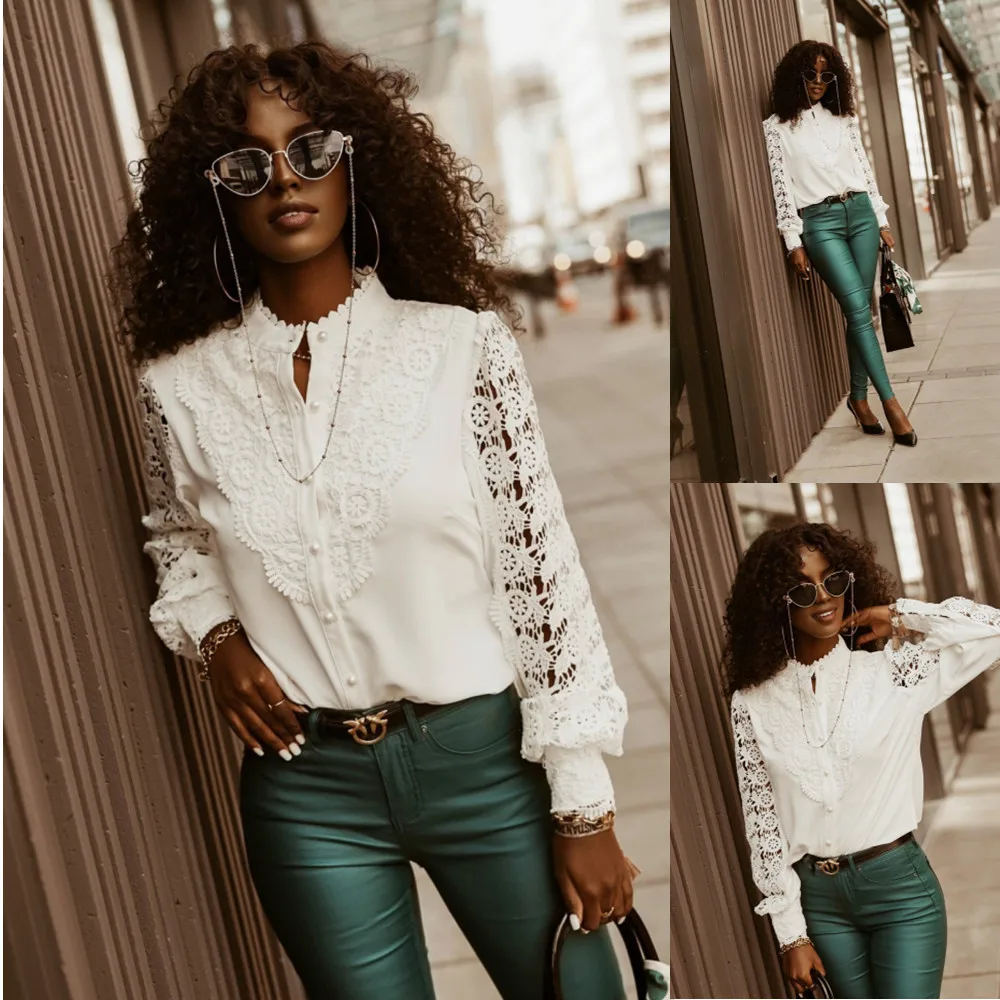 European and American Hot Style Autumn and Winter Fashion Women's Lace Long-sleeved V-neck Button Shirt
European and American Hot Style Autumn and Winter Fashion Women's Lace Long-sleeved V-neck Button Shirt