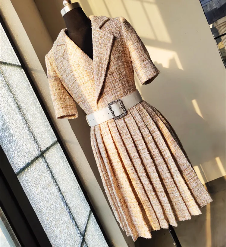 

Женское твидовое плиссированное платье, офисное платье с поясом, модель B215 на весну и осень