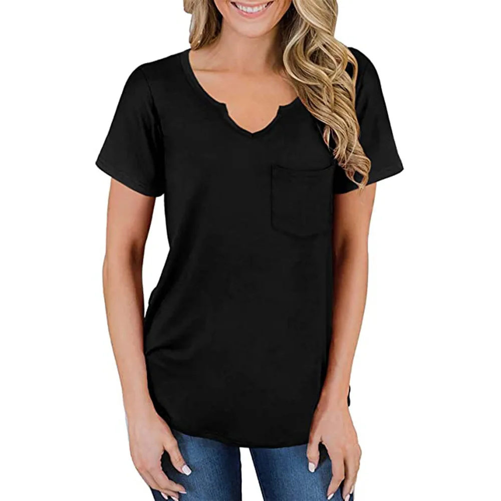 Women's 2021 spring / summer V-neck pocket T-shirt solid V-neck short sleeve blouse 
Women's 2021 spring / summer V-neck pocket T-shirt solid V-neck short sleeve blouse