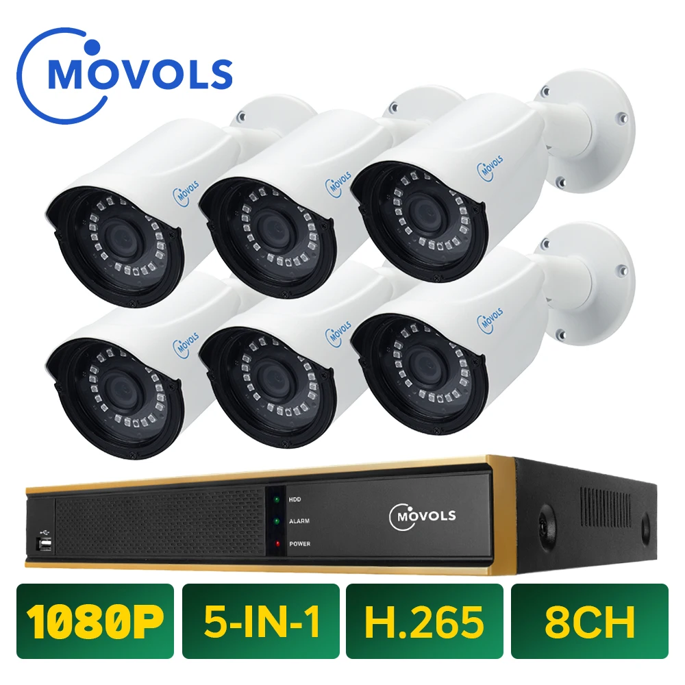 MOVOLS CCTV 1080P 6pcs Video Surveillance System Camera 8CH 2000TVL Outdoor Home Security system H.264 1080N DVR Kit | Безопасность и